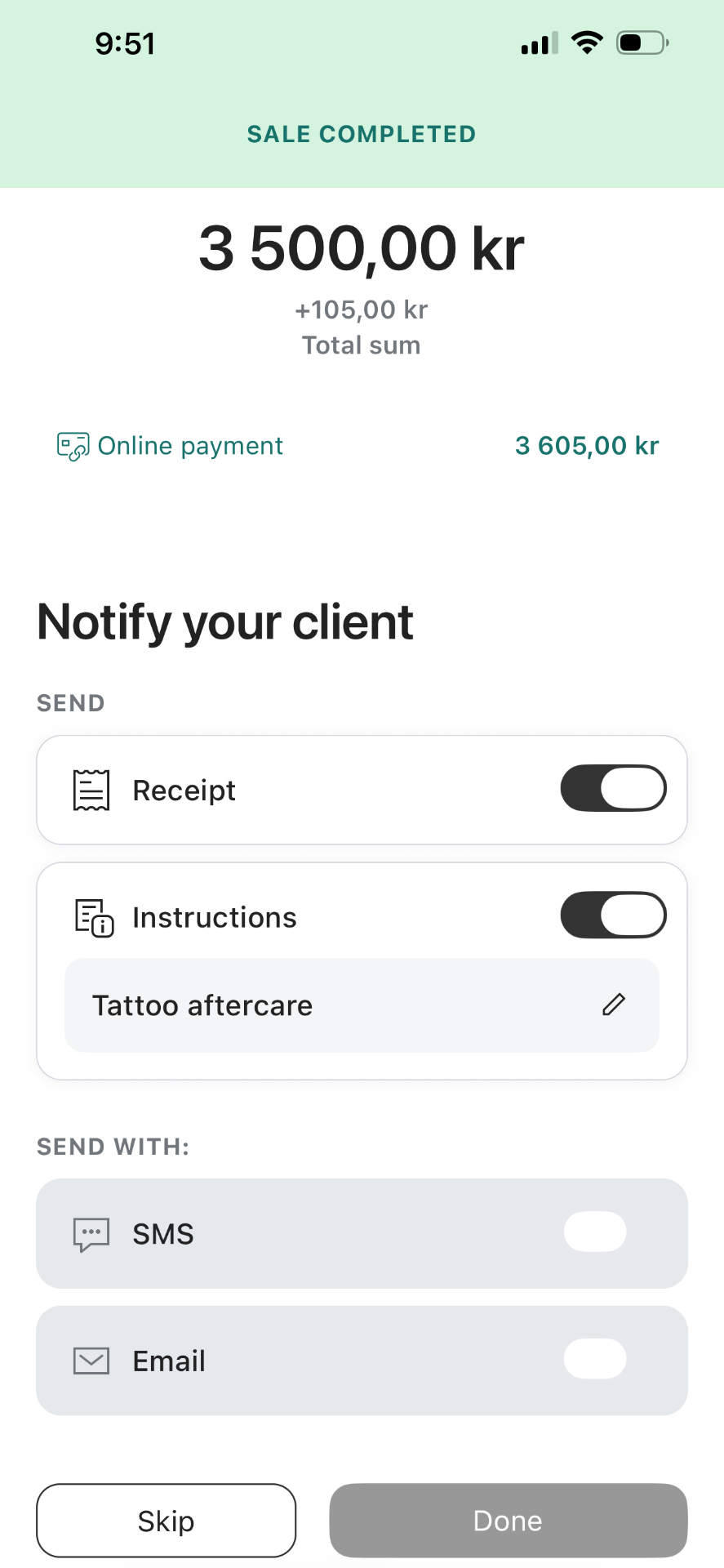 Betaling gennemført i Linework