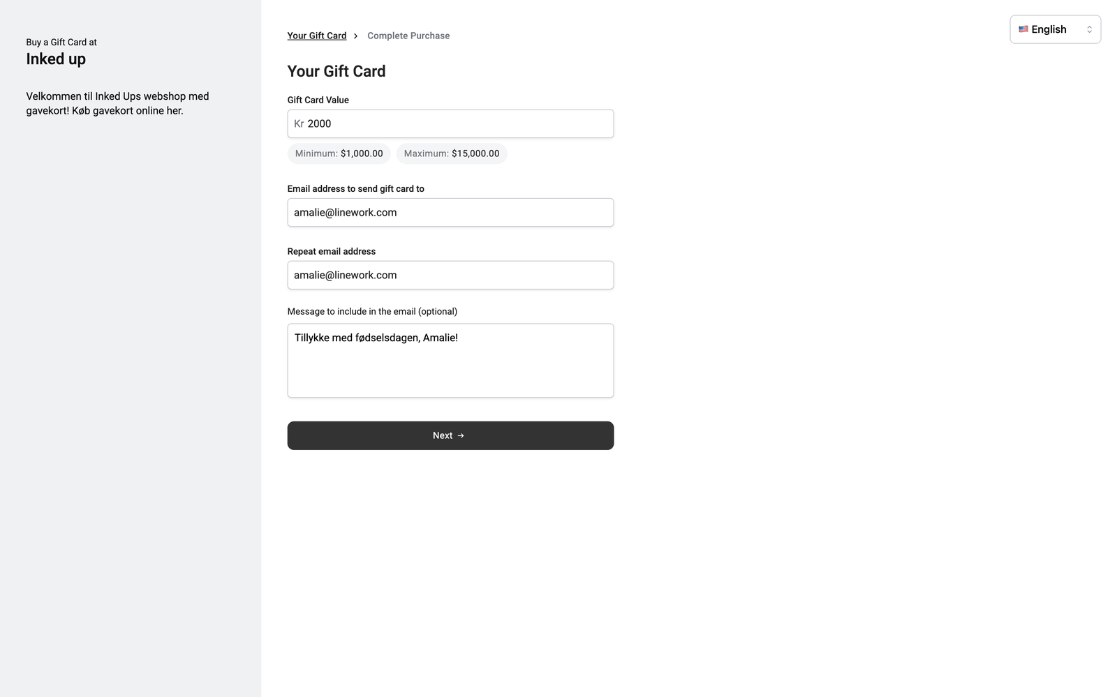 Køb gavekort online i Linework